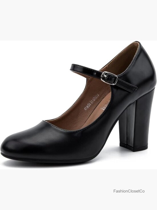 Shoes - Women's Mary Jane Pumps - Block Heel, Ankle Strap, Synthetic PU